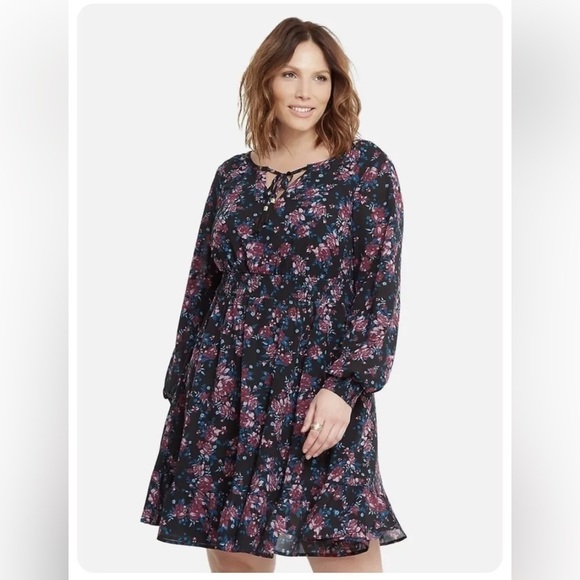 Torrid Black Floral Formal Longsleeve Purple Pink Blue Smocked Waist Flowy Dress - Picture 2 of 14